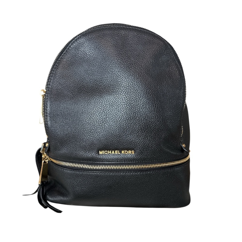 Michael Kors Rhea Medium Pebbled Leather Backpack Black Gold Hardware w Dust Bag - Picture 5 of 7